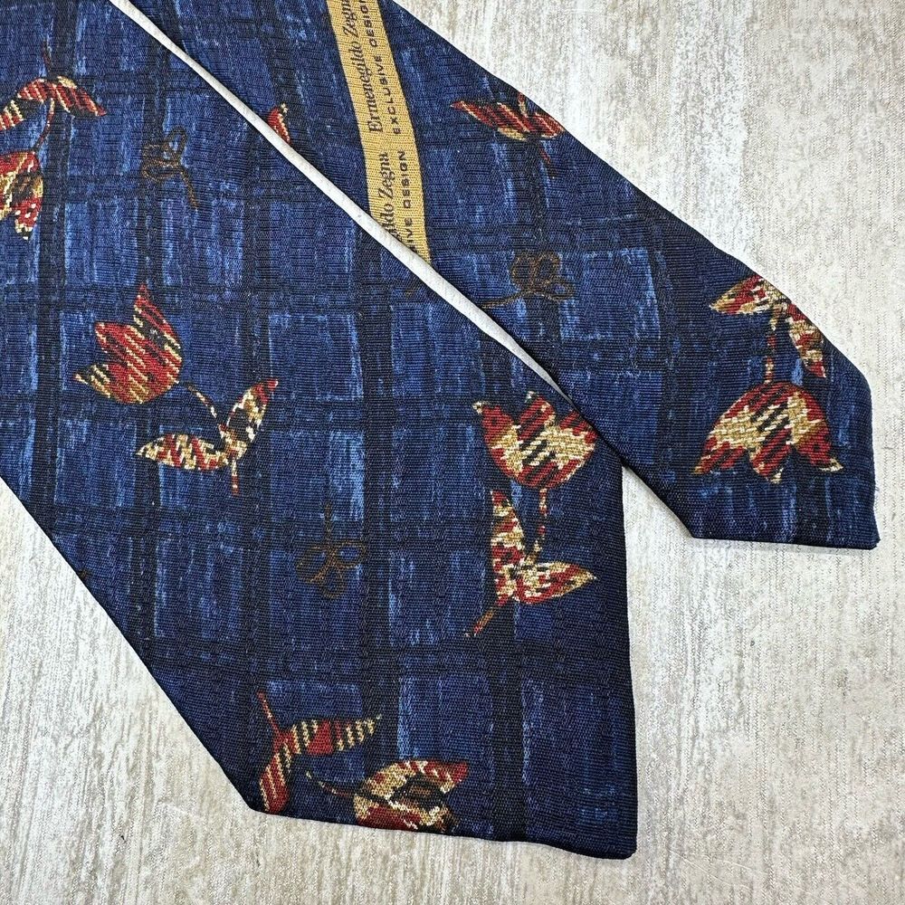 Ermenegildo Zegna Neck tie Abstract Floral Silk Made Italy Blue Maroon‎